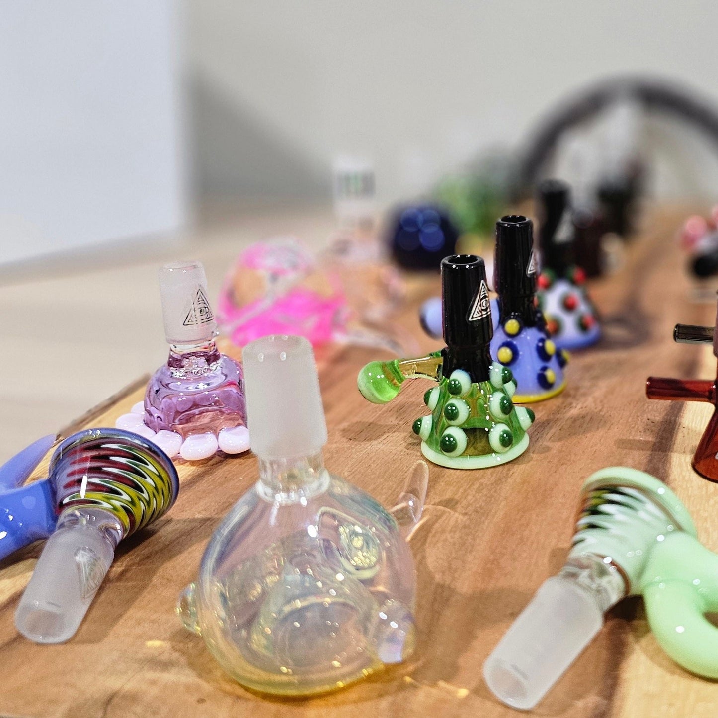 glass 14mm glass bowl slider different colours color and sizes shapes purple green swirl heady glass