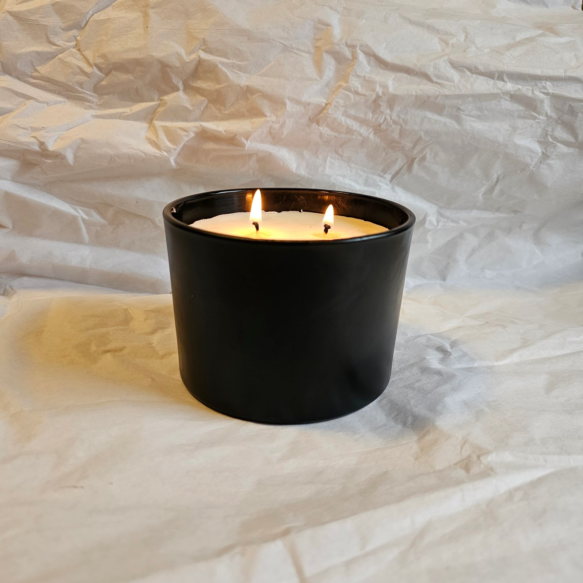 Black matte candle jar with lit 2 wicks soy scented candle 